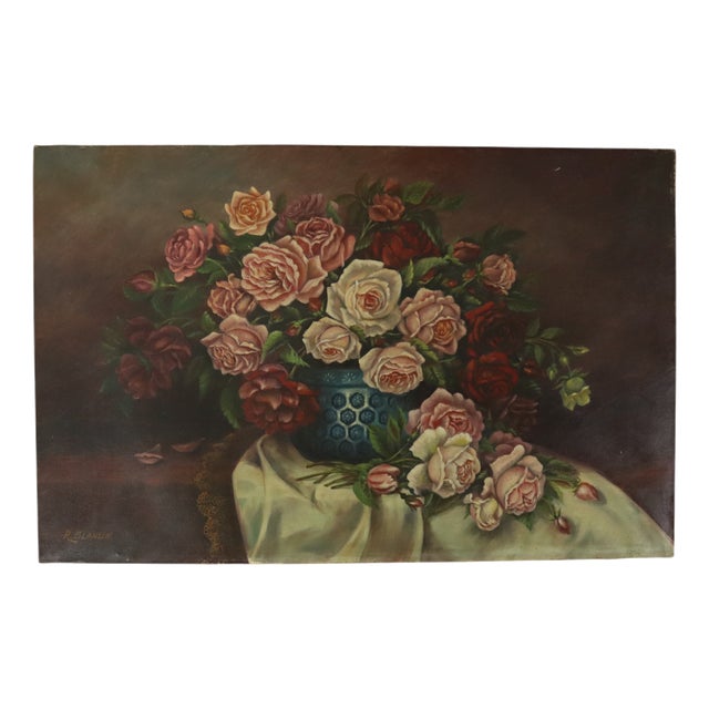 R. Blanlin, Large Floral Still Life with Rose Bouquet, Oil on Canvas For Sale