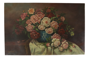 R. Blanlin, Large Floral Still Life with Rose Bouquet, Oil on Canvas