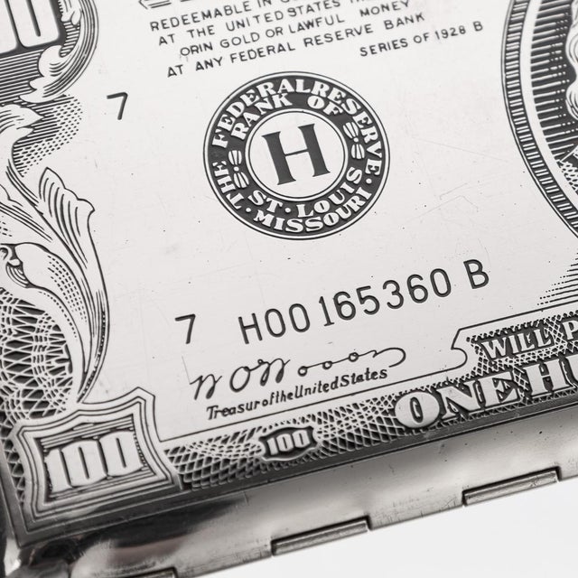 20th Century American Silver-Plated Cigarette Case & Lighter Shaped as a Hundred Dollar Bill , Set of 2 For Sale - Image 15 of 18