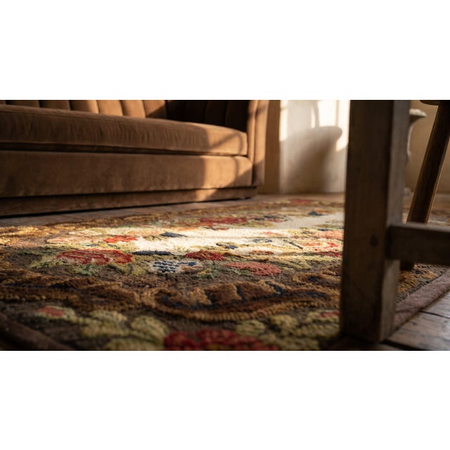 1890s Brown Roses Folk Art Antique American Hooked Rug 1'8" X 3'4" Knotted Wool Carpet For Sale - Image 13 of 13