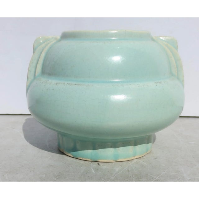 Powder blue aqua glazed ceramic planter from the 30s' An American pottery. 30s design with rolled walls and rainbow...