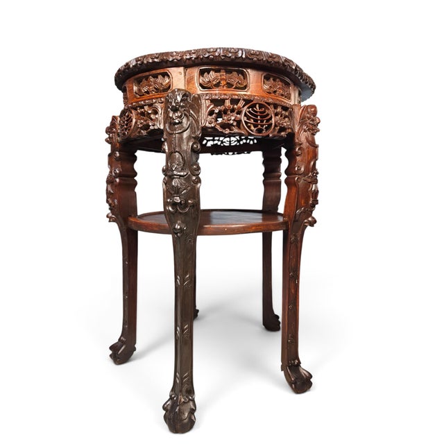 Wood Companion Pair of Late Qing Dynasty–Early Republic Era Cantonese Carved Hardwood Marble-Top Stands For Sale - Image 7 of 14