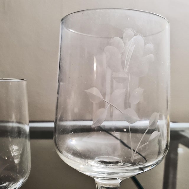 58pcs Crystal Wine Glasses Set- 5 Sizes -1970 Society Crystal -Delicate Flower Etched Design For Sale In Miami - Image 6 of 18