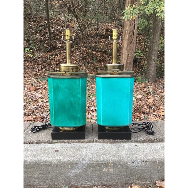 Textile Pair of Edwin Cole for Stiffel Mid-Century Modern Turquiose Lamps With Antique Brass Hardware and Ebony Base, Unmarked For Sale - Image 7 of 11