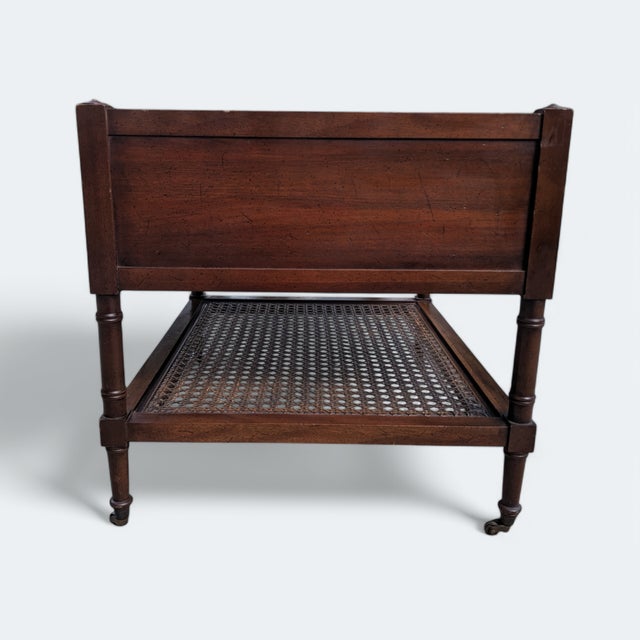 Wood Mid 20th Century Faux Bamboo Caned Wooden End Table With Brass Castor Wheels For Sale - Image 7 of 12