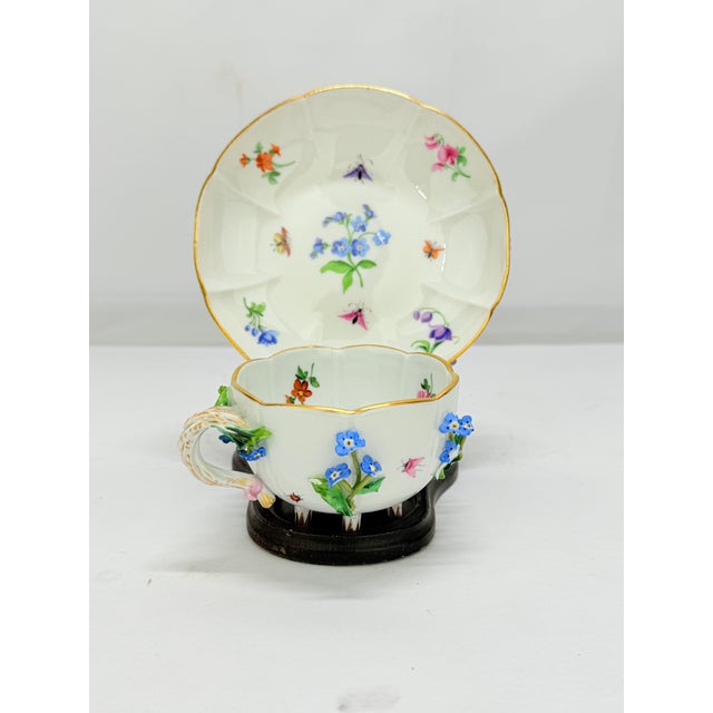 Meissen Porcelain Antique Meissen Porcelain Floral Encrusted Tea Cup & Saucer For Sale - Image 4 of 7