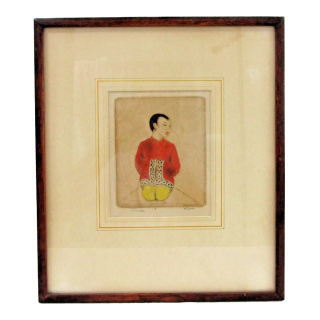 1920s Dorsey Potter Tyson Color Etching Chinese Boy Pencil Signed, Framed For Sale