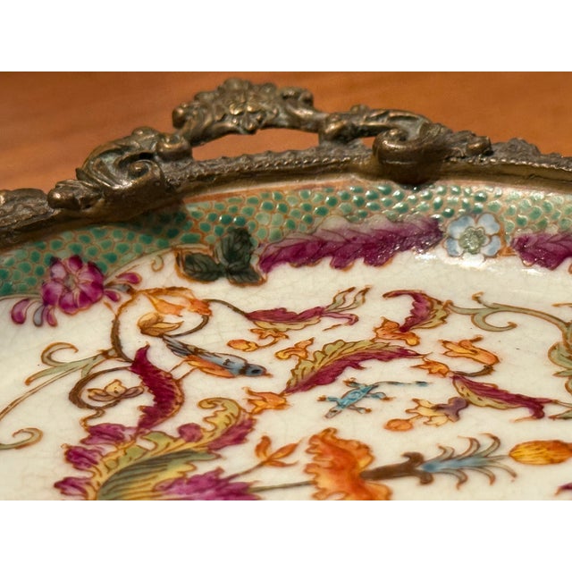 Chinese Exquisite Antique Hua Rong Tang Zhi Porcelain Brass Footed Decorative Trinket Plate For Sale - Image 3 of 12