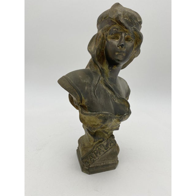 Antique Beautiful Young Lady with plunging Neckline Bust Polychrome Type Paint "Atala" The bust is cast in white metal...