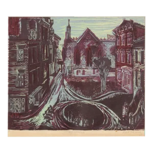 1930s "Nightrise" Public Works Art Color Woodcut by Ruth Chaney
