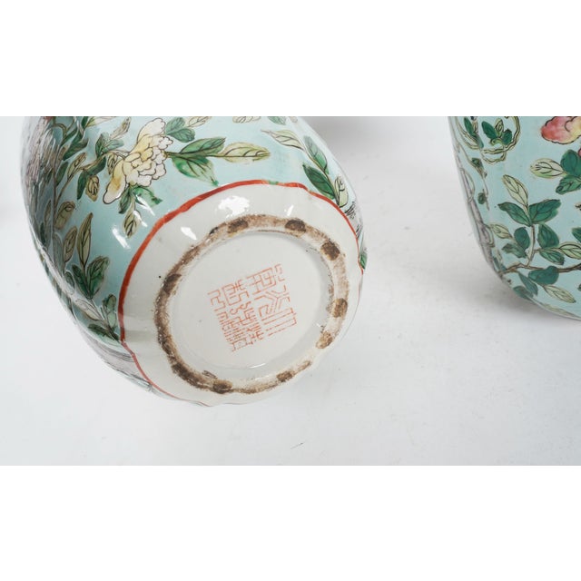 Striking Celadon Ground Chinese Porcelain Vases With Wisteria, Songbird & Seal Marks – 20th Century Chinoiserie Pair For Sale In Los Angeles - Image 6 of 7