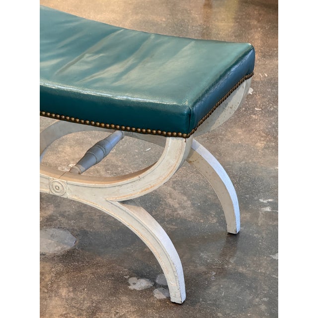 1950s 1950s Curule Stool With Teal Leather Seat For Sale - Image 5 of 8