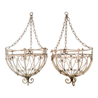Vintage French Country Wrought Iron Hanging Planter Baskets, a Pair of Two For Sale