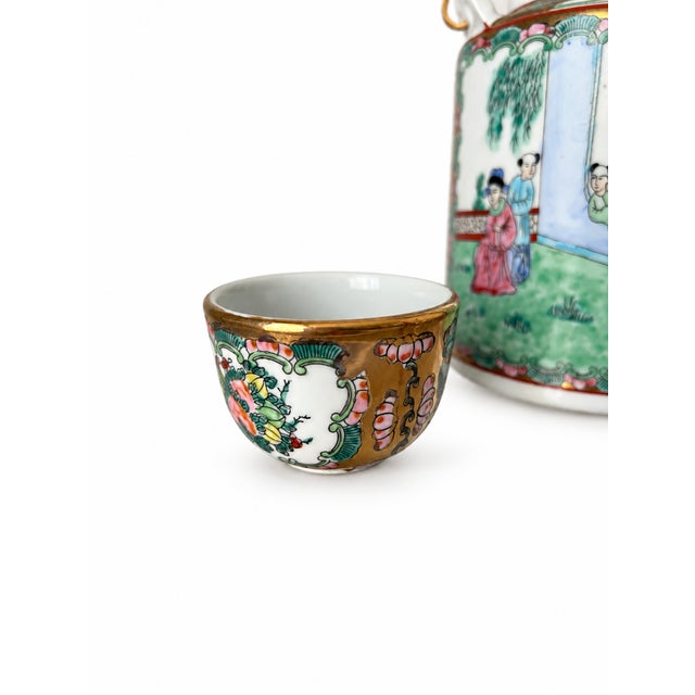 Mid 20th Century Chinese Rose Medallion Porcelain Teapot With Wrapped Cane Handle & Two Cups — 3-Piece Set For Sale In Las Vegas - Image 6 of 11