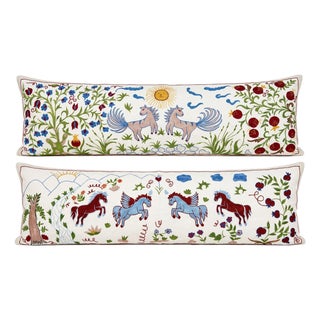 White Horse Suzani Lumbar Pillow Cover 18'' X 54'' - Set of Two For Sale