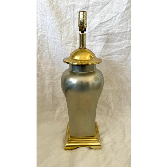 1950s Vintage MCM Silver & Brass Metal Ginger Jar Table Lamp For Sale - Image 5 of 8