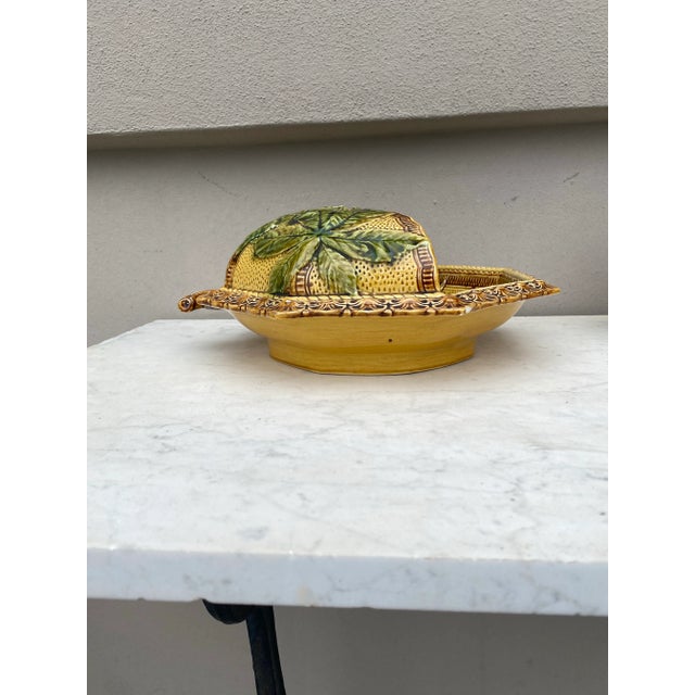 French Majolica chestnut server circa 1890. Antique sticker of the store in Bordeaux.