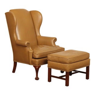 Dapha Chippendale Style Leather Wingback Chair and Ottoman For Sale
