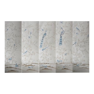 Soft Grey Peacock Chinoiserie Mural | 5-Panel Hand-Painted Floral Wallpaper For Sale