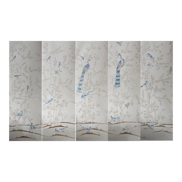 Soft Grey Peacock Chinoiserie Mural | 5-Panel Hand-Painted Floral Wallpaper For Sale