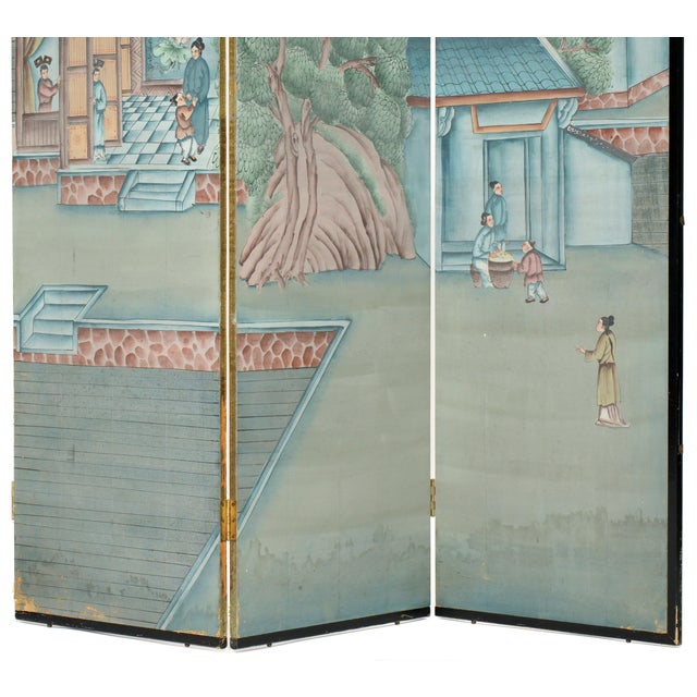 Early 20th Century Antique Chinese Export Six Panel Watercolor Floor Screen, Hand-Painted For Sale - Image 5 of 12