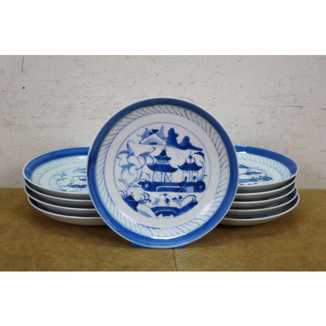 46 Pc Vintage Chinese Export Canton Blue & White Porcelain Pagoda Dinnerware Set For Sale - Image 9 of 15