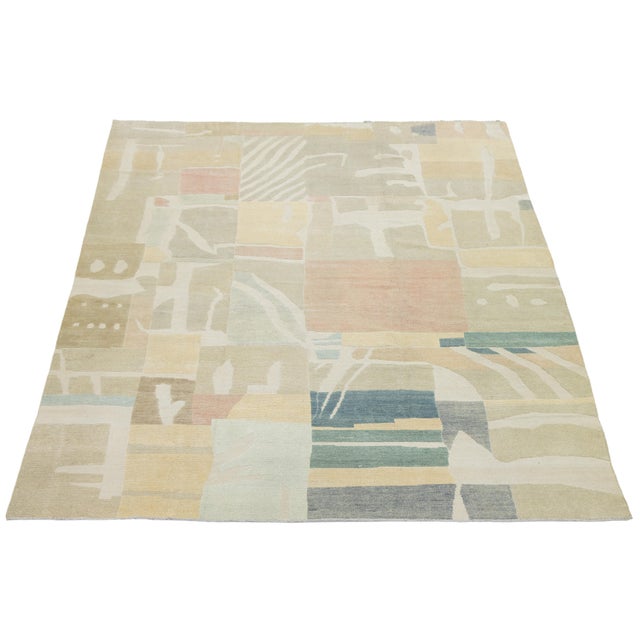 Contemporary Hand-Woven Modernist Abstract Wool Rug in Muted Pastel Color Block For Sale In New York - Image 6 of 12