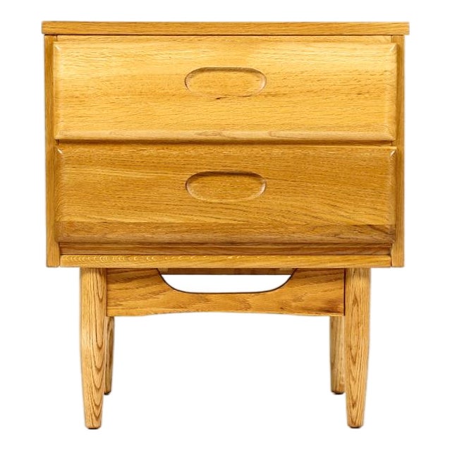 Mid Century Vintage Oak Nightstand / End Table — Two Drawers For Sale