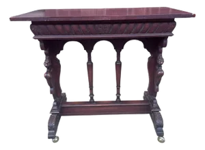Antique Italian Renaissance Revival Carved Ornate Figural Bust, Winged Lions Head and Cherub Detailed Walnut Console Table