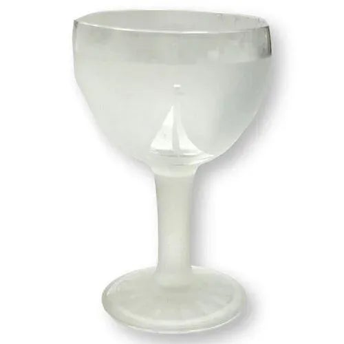 Set of ten 3.5 oz liquor / port coupes in frosted glass with clear sailboat on the front. Unsigned.