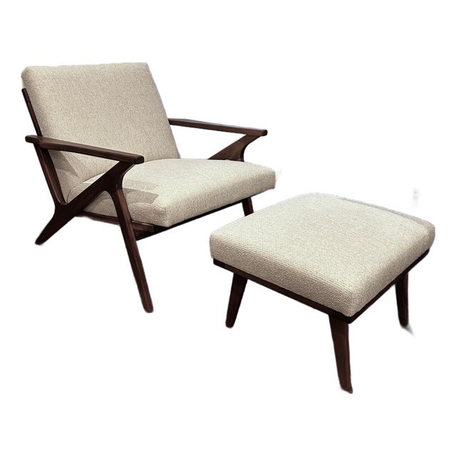 Crate & Barrel Cavett Wood Accent Chair & Ottoman — Excellent Condition For Sale