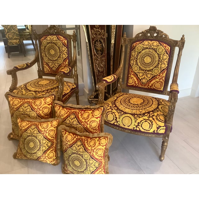 Louis XVI Style Vintage Gold Hand Carved Chairs With Atelier Versace Style Fabric For Sale - Image 9 of 13