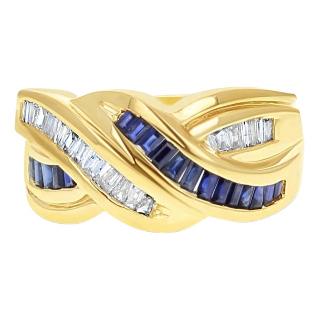 Sapphire & Diamond Baguette Cocktail Ring 1.00cttw 14k Yellow Gold, Size 6.5 For Sale