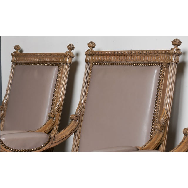 1960s Set of Four Louis XVI-Style Painted Fauteuils in Pale Leather With Nailhead Trim — Architectural Neoclassical Seating For Sale - Image 10 of 10