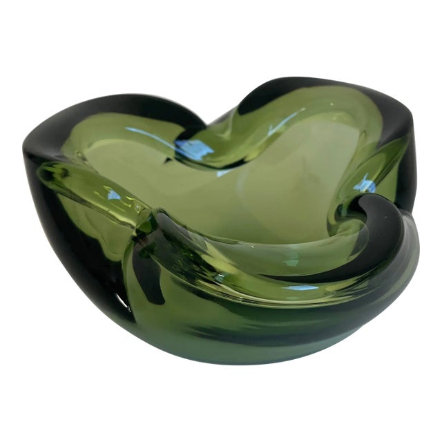 1960s Murano Style Peridot Green Glass Ashtray Catchall Art Glass Bowl For Sale