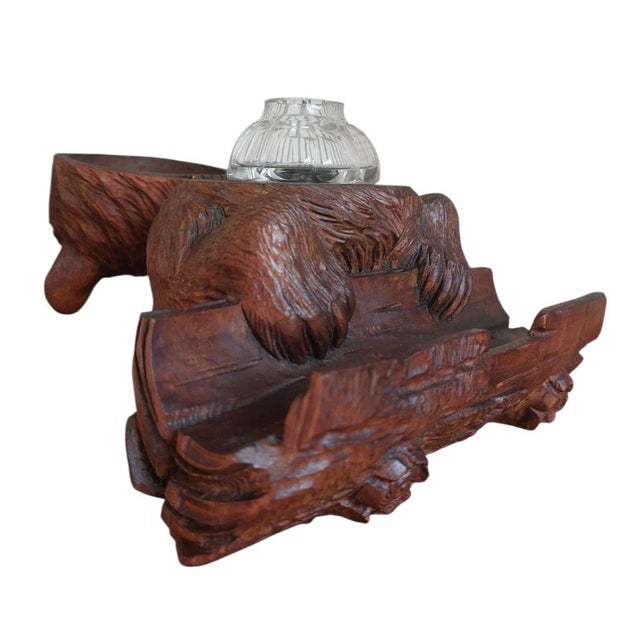 Antique Carved Wooden Inkwell with Glass Insert by Bear Brienz, 1880s-1910s For Sale - Image 3 of 16