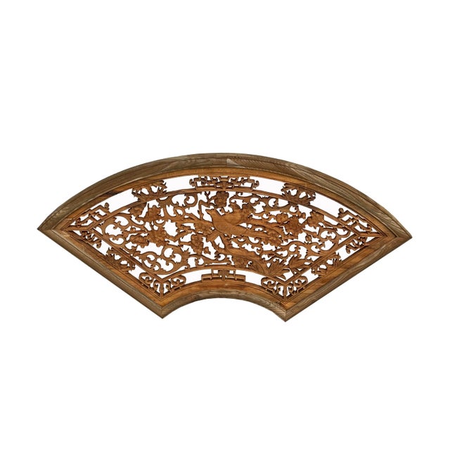Chinese Fan Shape Birds Flowers Wood Wall Hanging Panel For Sale In San Francisco - Image 6 of 6