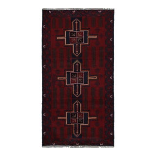 Rug & Kilim’s Baluch Runner Rug With Burgundy and Dark Blue Geometric Medallions For Sale