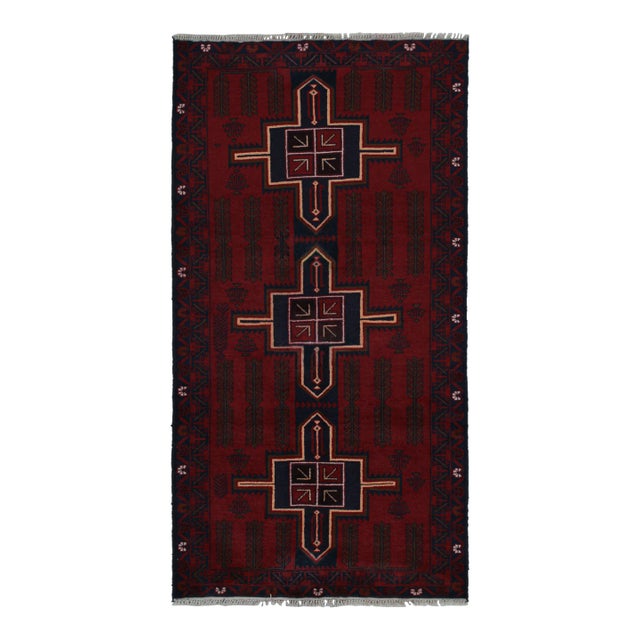 Rug & Kilim’s Baluch Runner Rug With Burgundy and Dark Blue Geometric Medallions For Sale