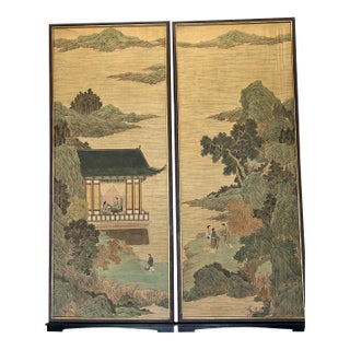 Large Chinese Paintings on Rice Paper Mounted on Wood - A Pair For Sale