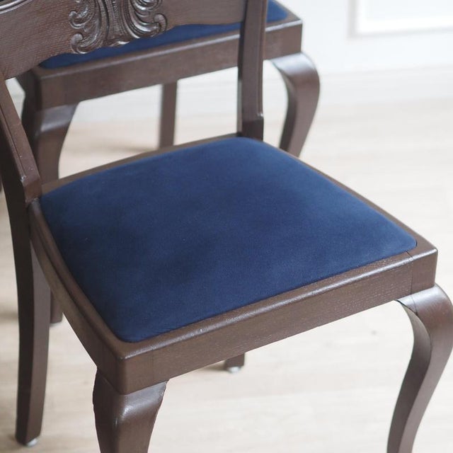 Chairs with Carved Decorations and Velvet Seats, 1920s, Set of 6 For Sale - Image 3 of 12