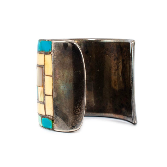 Metal Vintage Neiman Marcus 925 Turquoise Mother of Pearl Abalone Shell Cuff Bracelet For Sale - Image 7 of 8