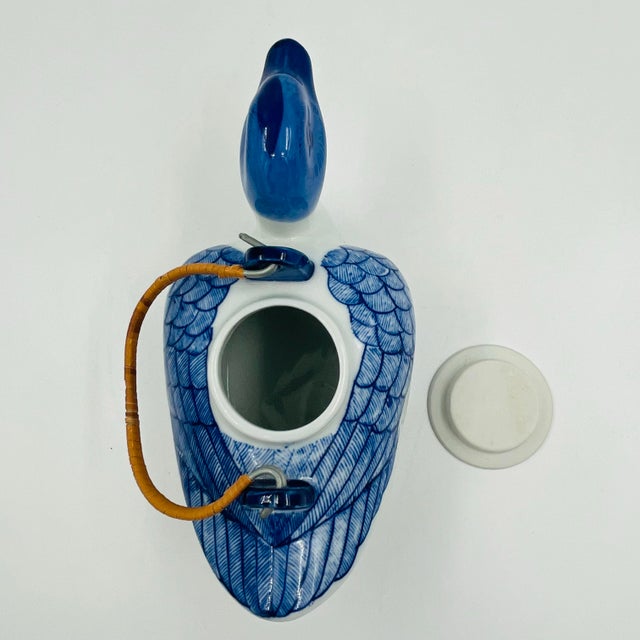 Vintage Blue and White Chinoiserie Ceramic Duck Teapot With Rattan Wrapped Handle For Sale - Image 9 of 10