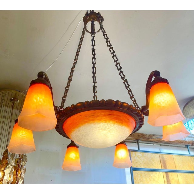 Antique French Art Nouveau Glass Chandelier by Schneider, 1915 For Sale - Image 6 of 8