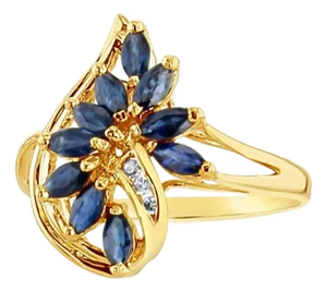 One Carat Marquise Sapphire Cluster Ring w. Diamond Cluster 14k Yellow Gold, Size 5