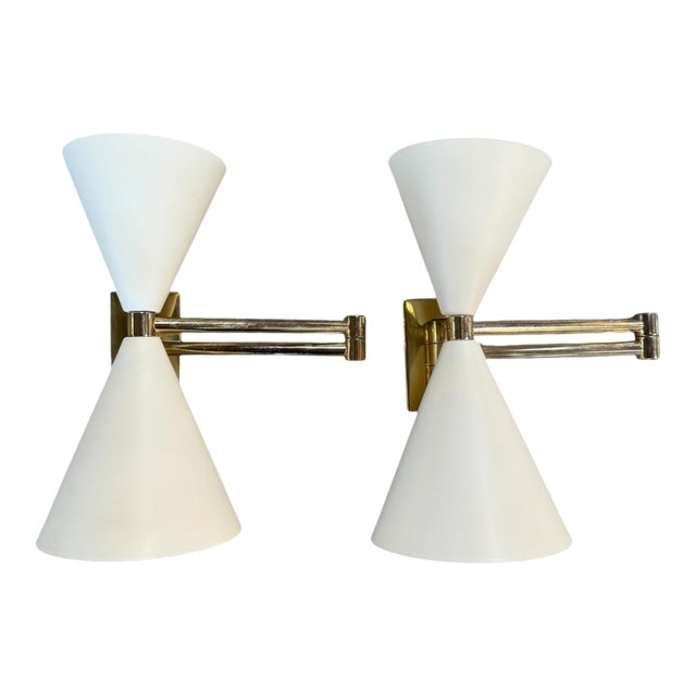 1960s Mid-Century Modern Brass Double Cone Wall Sconces - a Pair For Sale