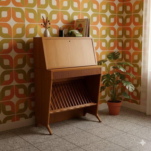 Wooden furniture with drop-down door, drawer under the top with breadstick front, newspaper/vinyl storage compartment...