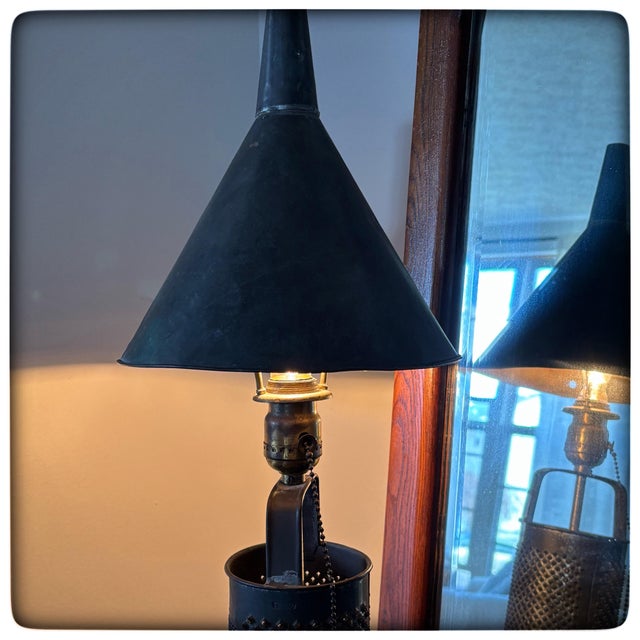 Metal Primitive Table Lamp - Irvin's Country Tinware Kettle Black For Sale - Image 7 of 12