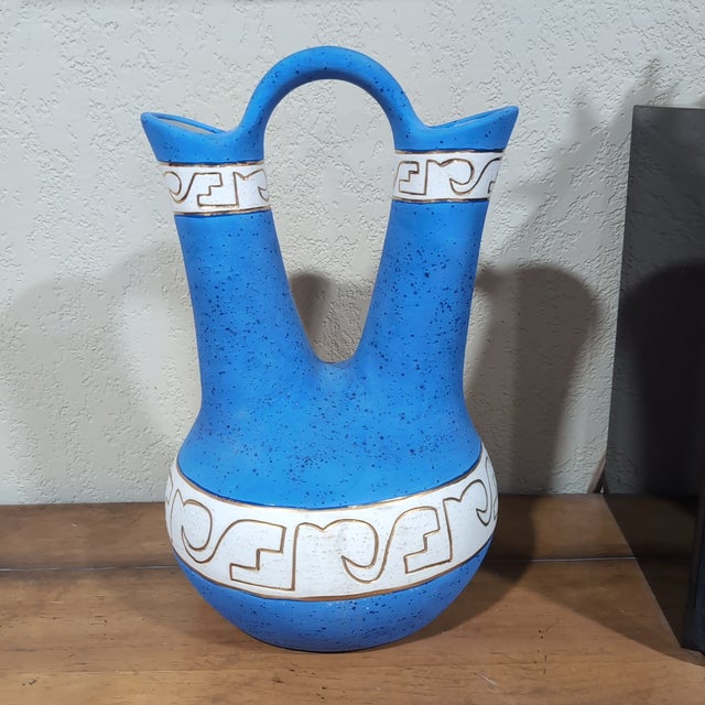 Rustic VTG Native American Style Wedding Vase Blue Gold Trim Signed L Jina Southwestern For Sale - Image 3 of 12