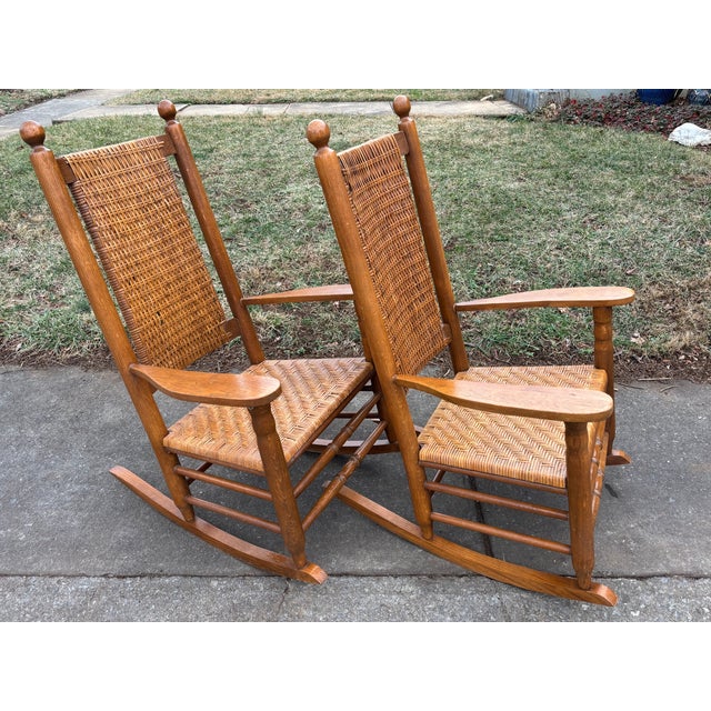 Campaign Vintage Bamboo Carolina Cane Rocking Chairs - A Pair For Sale - Image 3 of 17